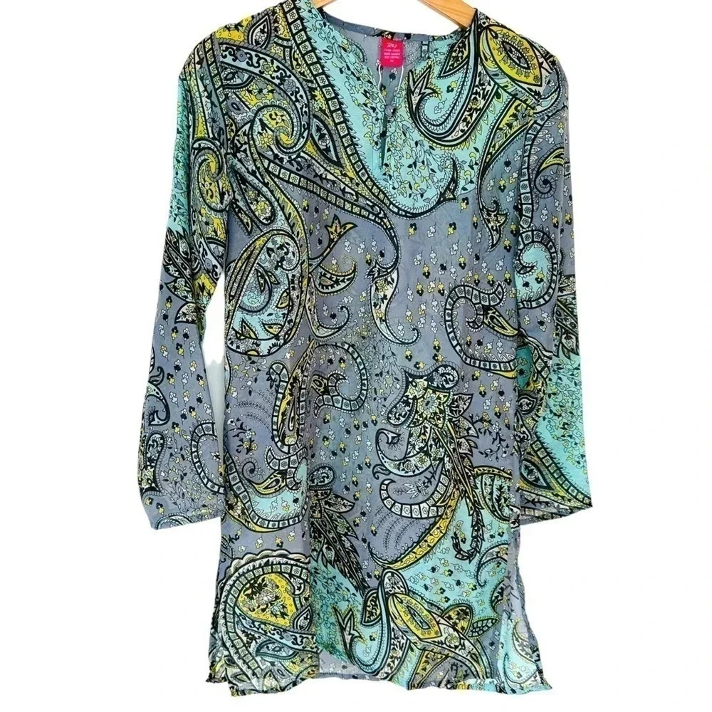 Raj Paisley Tunic Top M Blue Yellow Cotton Split Neck Boho Long Sleeve NEW